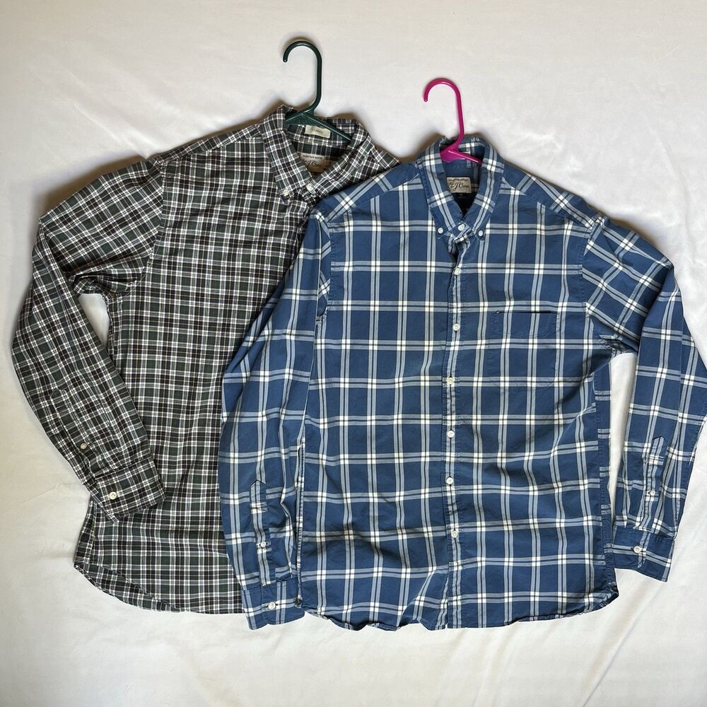 J. Crew Button Shirt Lot Of 2 Medium Long Sleeve Blue Green Plaid Checks Cotton